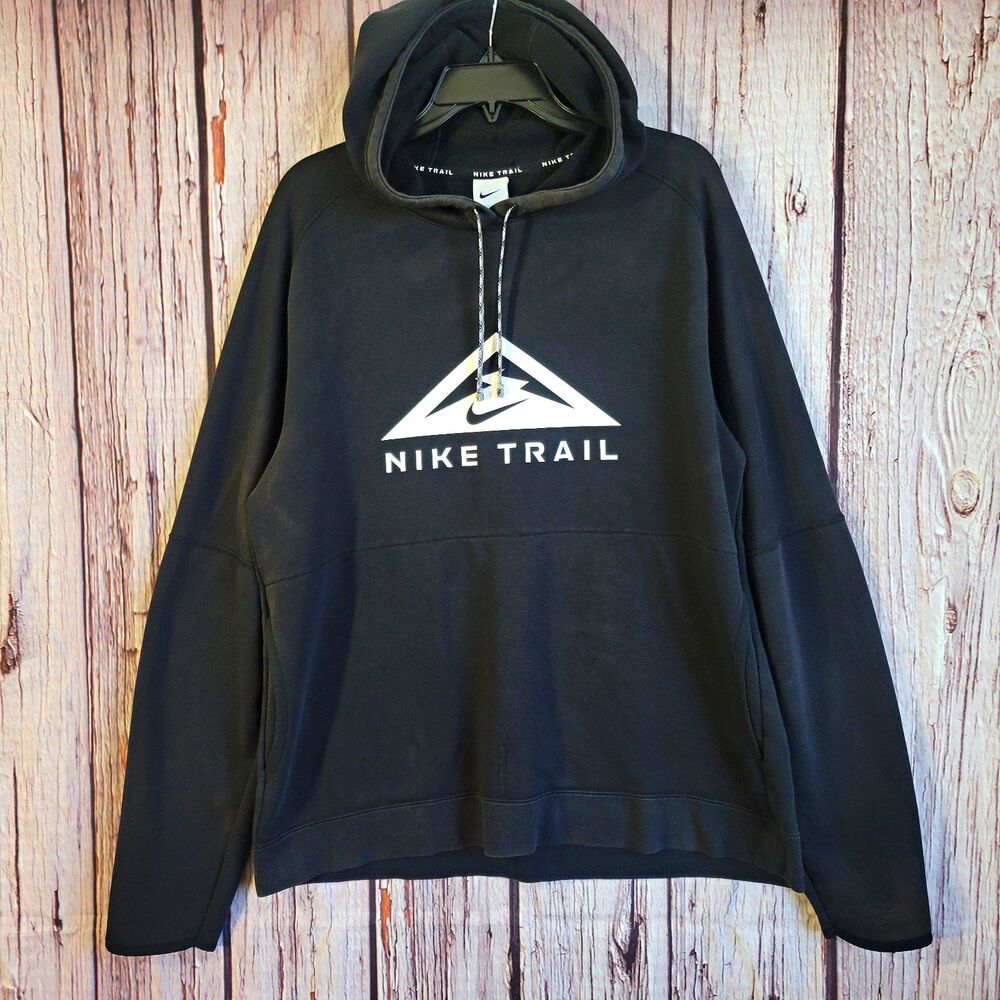 Nike Trail Fleece Pullover Hoodie Black Graphic Logo Mens L Regular Cotton Blend